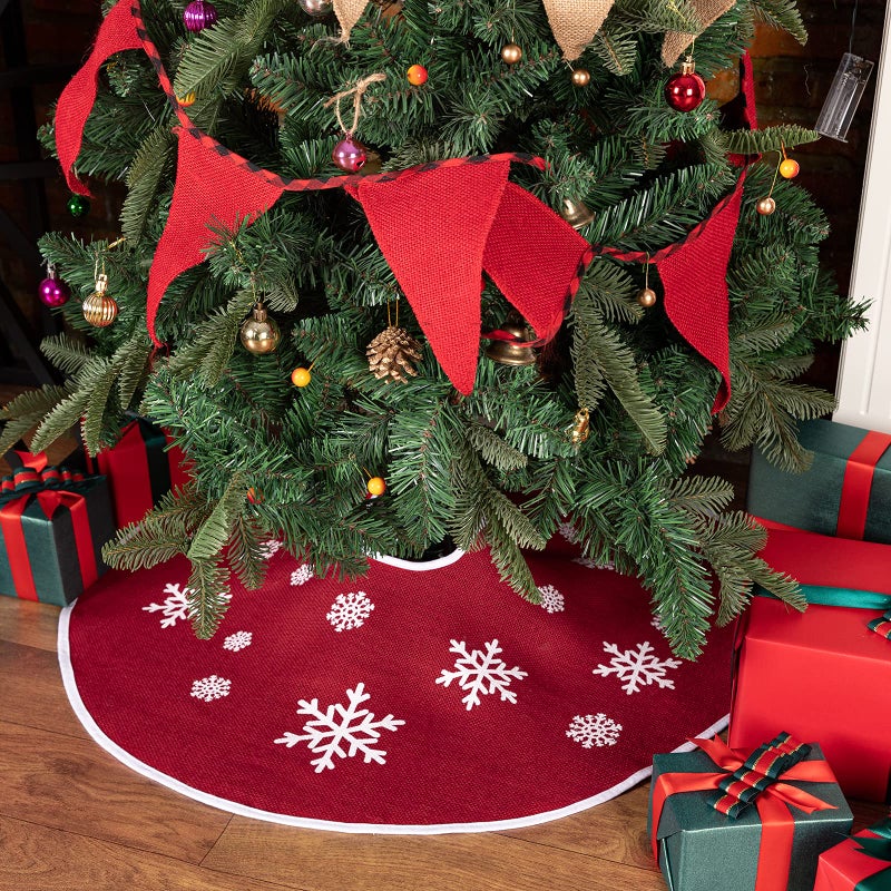 MACTING Christmas Burlap Tree Skirt, 30 Inch Red Countryside Tree Skirt with White Snowflake Printed, Small Rustic Tree Mat for Home Party Holiday Winter Indoor Xmas Decorations - Image 2